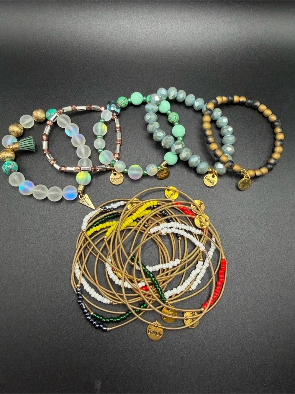 Lot of Erimish Bracelets #N12 stretch mint green gold tone beaded